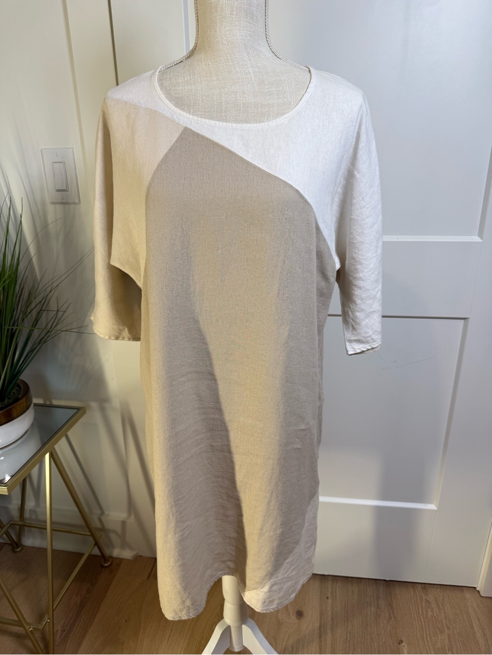 For Cynthia Linen Blend Colorblock Tunic Dress | Small | Beige & White 3/4 Sleev